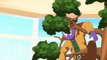 a cartoon drawing of a man climbing a tree with a buckle on his belt