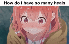 a picture of a girl with pink hair and the words how do i have so many heals