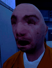 a bald man with his eyes closed and a white shirt
