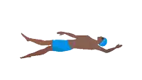 a man in blue swim trunks and a swim cap is laying on his back