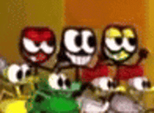 a group of cartoon characters are standing next to each other and smiling .