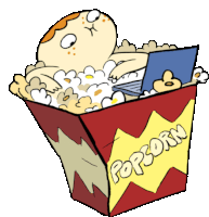 a cartoon character is laying in a bucket of popcorn while using a laptop