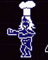 a pixel art drawing of a person wearing a chef 's hat and holding a knife .
