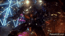 a robot is flying through the air in front of a neon sign that says makeagif.com