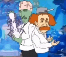 two cartoon characters are standing next to each other holding a bong