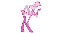 a pink panther is surrounded by neon signs that say sloppy seconds and used goods