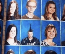 a group of people are posing for a picture in a yearbook . one of the people is wearing a mohawk .
