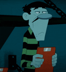 a cartoon character is holding a clipboard and looking at it