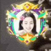 a woman with a flower in her hair is in a colorful frame with stars