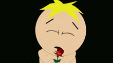 a cartoon character with a red rose in his hand