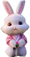 a white rabbit with pink ears is wearing a pink robe and holding a flower