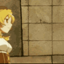 a cartoon girl is standing in front of a tiled wall holding a sword .