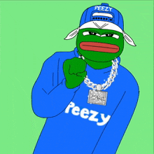 a cartoon of a green frog wearing a blue hoodie that says peezy