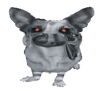 a drawing of a dog with red eyes and a black ear