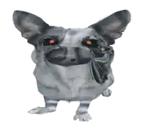 a drawing of a dog with red eyes and a black ear
