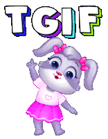 a cartoon bunny wearing a pink skirt and a white shirt with the word tgif behind her