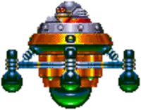 a pixel art drawing of a robot with shock absorbers and a helmet on a white background .