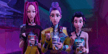 three cartoon girls are eating noodles with chopsticks from cups that say mira and drumi