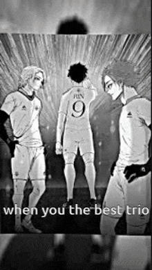 a black and white drawing of three soccer players standing next to each other .