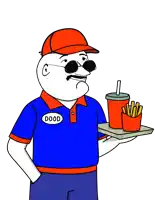 a cartoon of a man wearing a doood shirt holding a tray of french fries and a drink