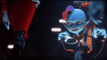 a blue alien is standing next to another alien in a dark room with their eyes closed .