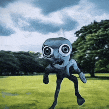 a cartoon character with big eyes is running in the grass