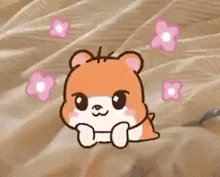 a cartoon hamster is sitting on a blanket with pink flowers flying around it .