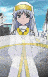 a girl in a white robe with a yellow ribbon around her waist