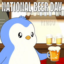 a penguin is holding a mug of beer in front of a sign that says " national beer day "