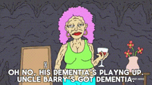 a cartoon of an older woman with pink hair holding a glass of wine .