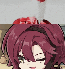 a cartoon girl with red hair is smiling in front of a red object