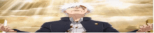 a man with white hair and a blue jacket is looking up at the sky .