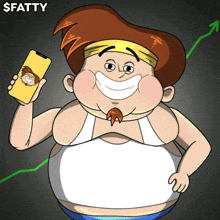 a cartoon of a fat man holding a cell phone with the word fatty written above him