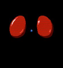 a pixel art of a face with red eyes and a smile
