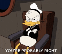 donald duck is sitting in a chair with his arms crossed and the words you 're probably right above him