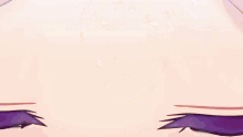 a close up of a girl 's face with purple eyes and a sign in the background that says ' sushi '