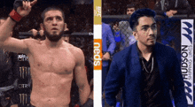 a man in a suit is standing next to a man in a cage with the word hudson on the bottom