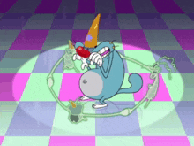 a cartoon of a cat wearing a party hat and holding a clown nose