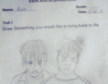 a drawing of two men with the words draw something you would like to bring back to life below them