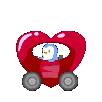 a penguin is driving a heart shaped car with wheels