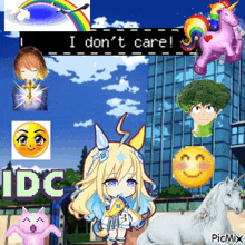 a picture of a girl with a unicorn and a rainbow says i don 't care