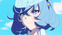 a close up of a blue haired anime girl with blue eyes