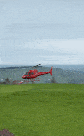 a red helicopter is flying over a grassy hillside
