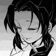 a black and white drawing of a girl with her eyes closed and a ponytail .