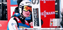 a skier wearing a helmet and goggles is holding a ski that says inotherm on it