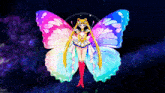 a girl in a butterfly costume is surrounded by colorful wings