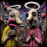 a couple of cartoon characters with angel wings on their faces