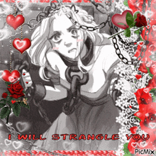 a picture of a girl with chains around her neck and the words " i will strangle you "