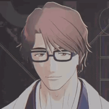 a close up of a man wearing glasses and a kimono .