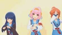 three anime girls are dancing and one of them has a badge on her arm that says ' captain '
